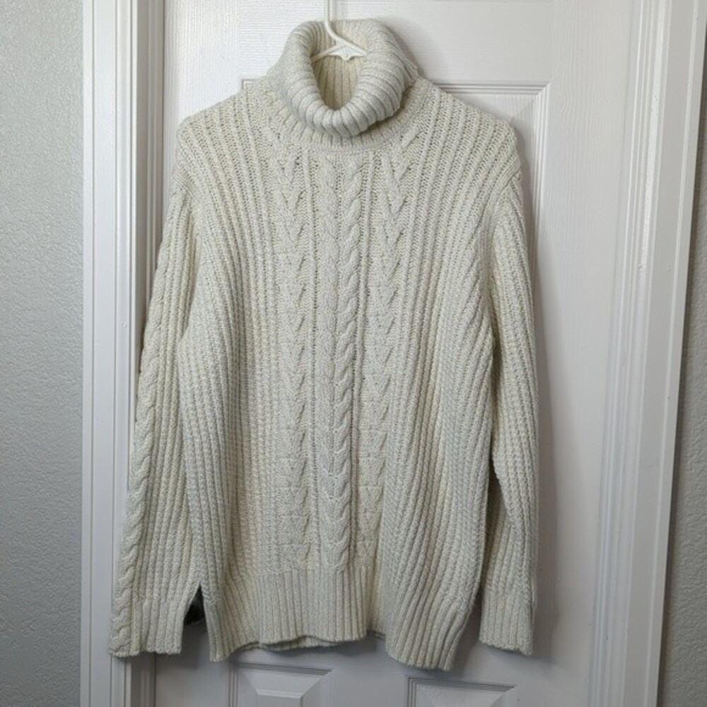 Eddie Bauer Turtleneck Cable Knit Sweater Cotton Angora Metallic Sz XXL